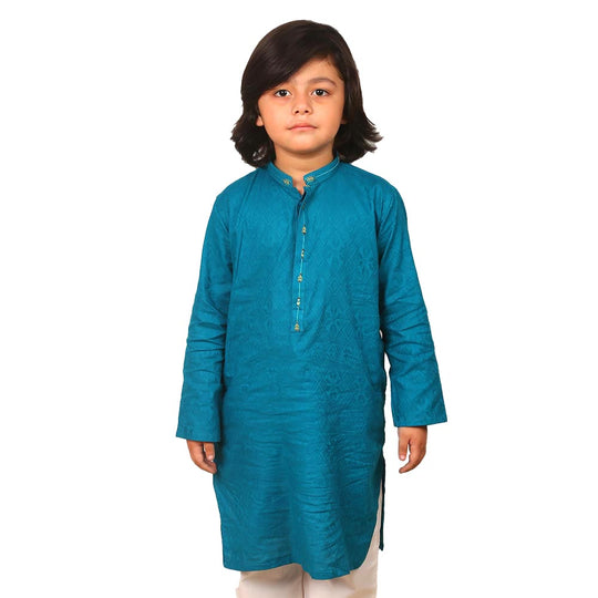 Embroidered Arrow Kurta For Boys - Teal