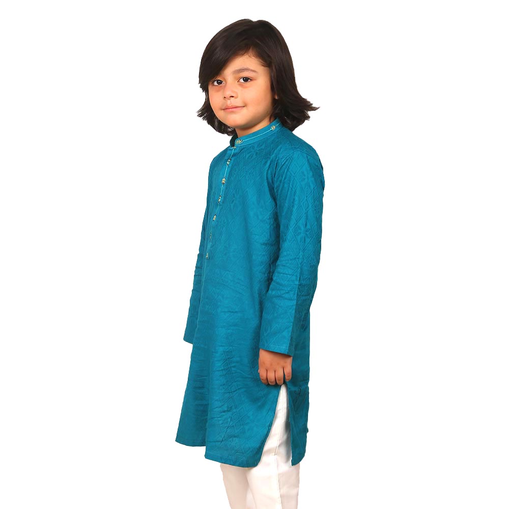 Embroidered Arrow Kurta For Boys - Teal