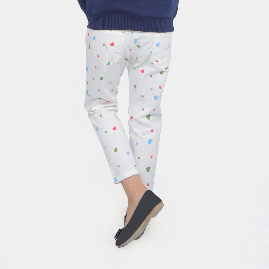 Girls Pant Cotton Heart - white