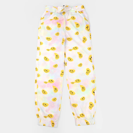 Girls Cotton Pant Print Faces - OFF -White