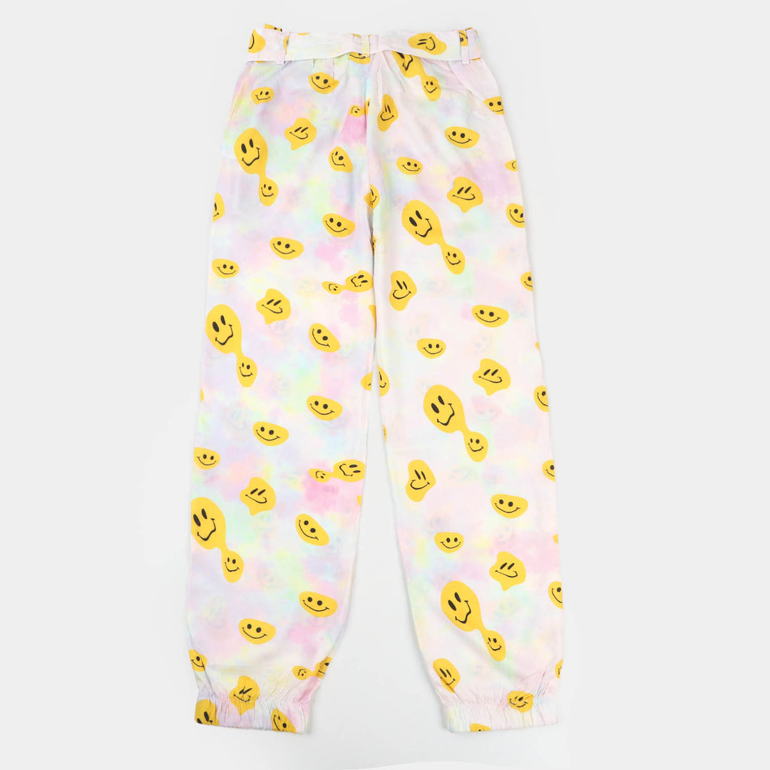 Girls Cotton Pant Print Faces - OFF -White