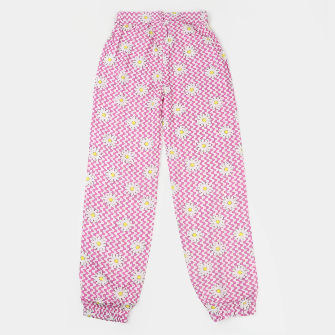 Girls Cotton Pant Flower Print  - Pink