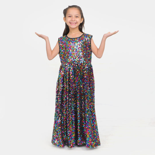 Fashion Girls Sequins Maxi With Velvet Shrug - Black Multi