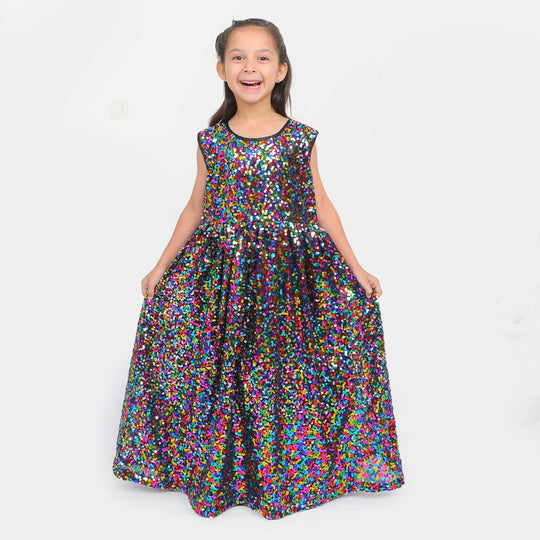 Fashion Girls Sequins Maxi With Velvet Shrug - Black Multi