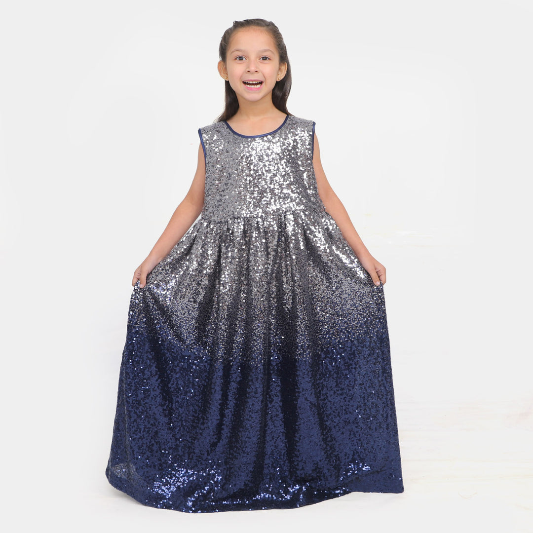 Fashion Girls Sequins Maxi With Velvet Shrug - Navy Silver