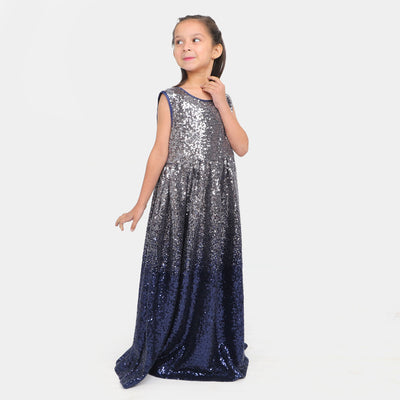 Fashion Girls Sequins Maxi With Velvet Shrug - Navy Silver