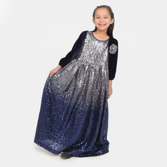 Fashion Girls Sequins Maxi With Velvet Shrug - Navy Silver