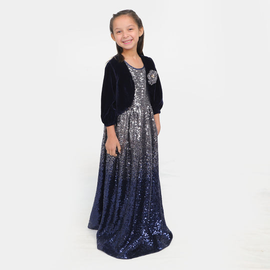 Fashion Girls Sequins Maxi With Velvet Shrug - Navy Silver