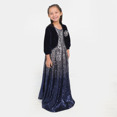 Fashion Girls Sequins Maxi With Velvet Shrug - Navy Silver