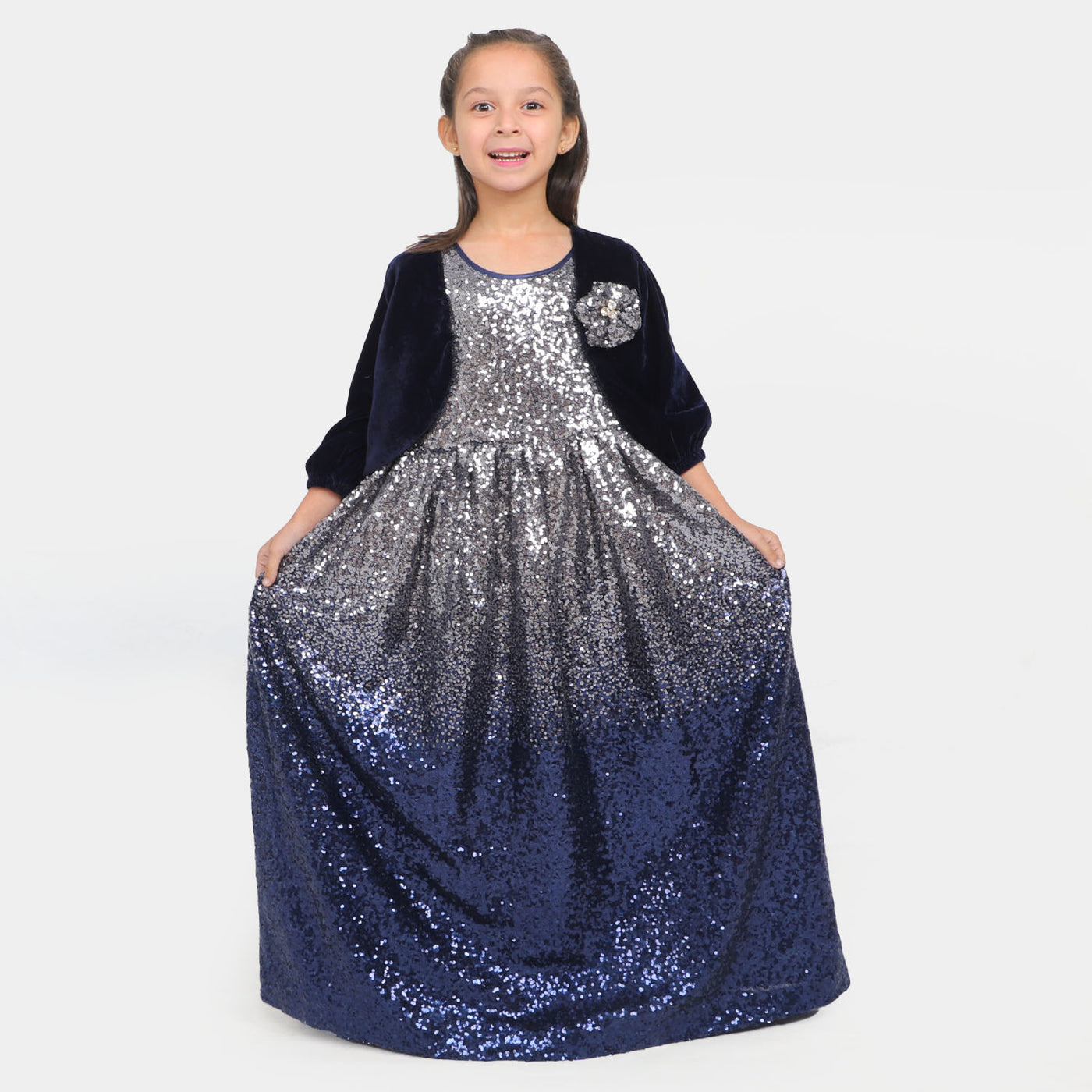 Fashion Girls Sequins Maxi With Velvet Shrug - Navy Silver