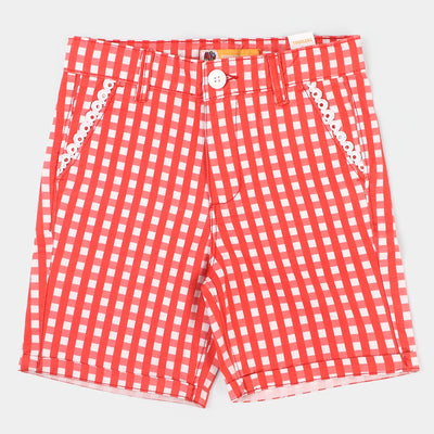 Girls Cotton Twill Short Check Lace - Red