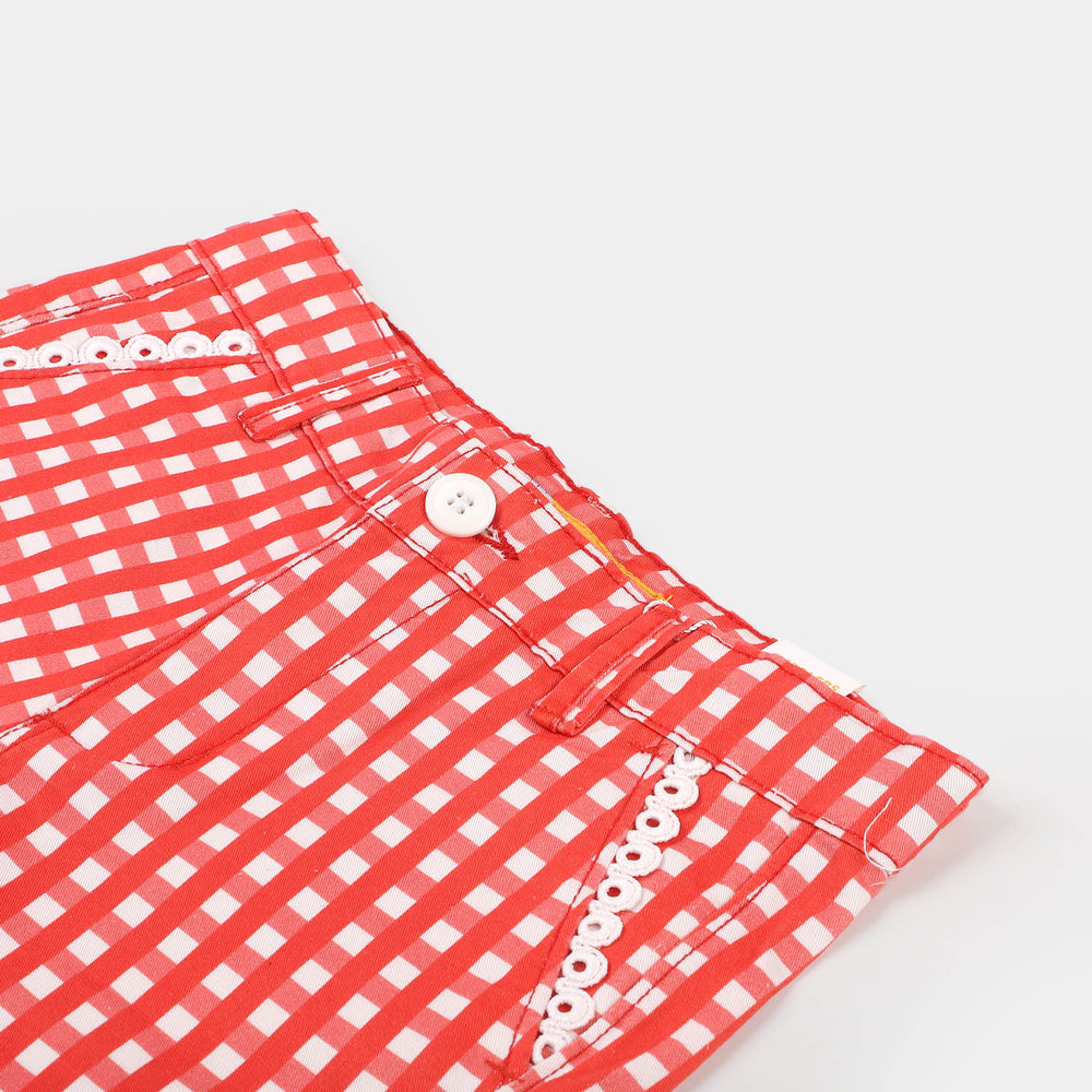 Girls Cotton Twill Short Check Lace - Red