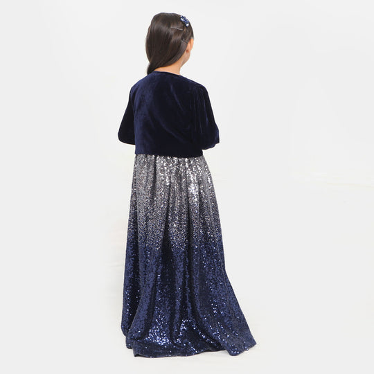 Fashion Girls Sequins Maxi With Velvet Shrug - Navy Silver