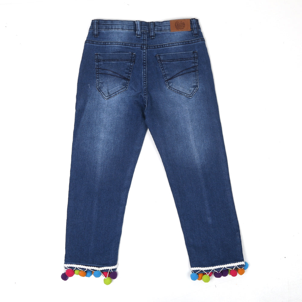 Girls Pant Denim Hem Pompom Lace - Mid Blue