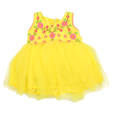 Infant Girls Fancy Frock EMB Pompom Lace - Yellow