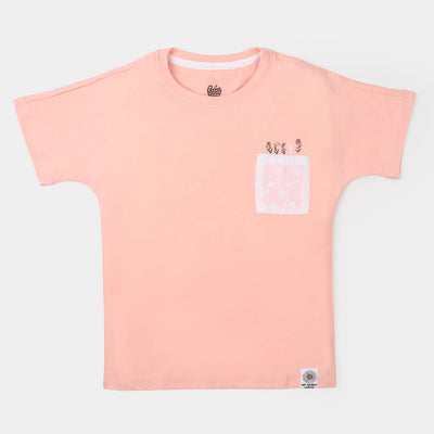 Girls Cotton Jersey T-Shirt Chicken Pocket - Peach