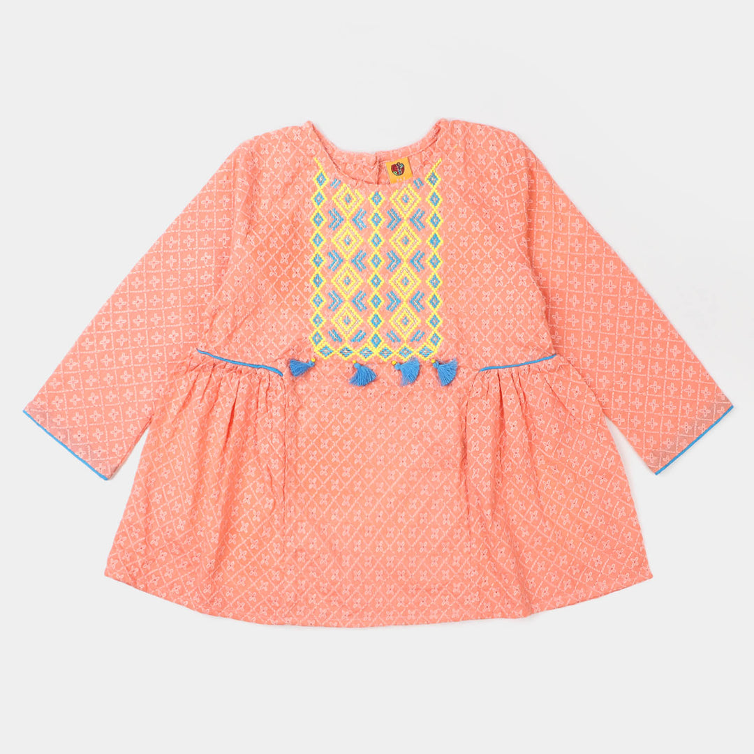 Girls Cotton Chicken Embroidered Top - Peach