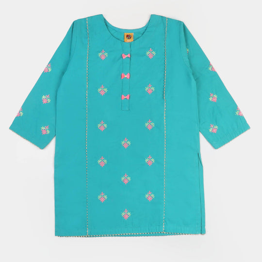 Girls Cotton EMB Kurti Flower Gate - Aqua Green