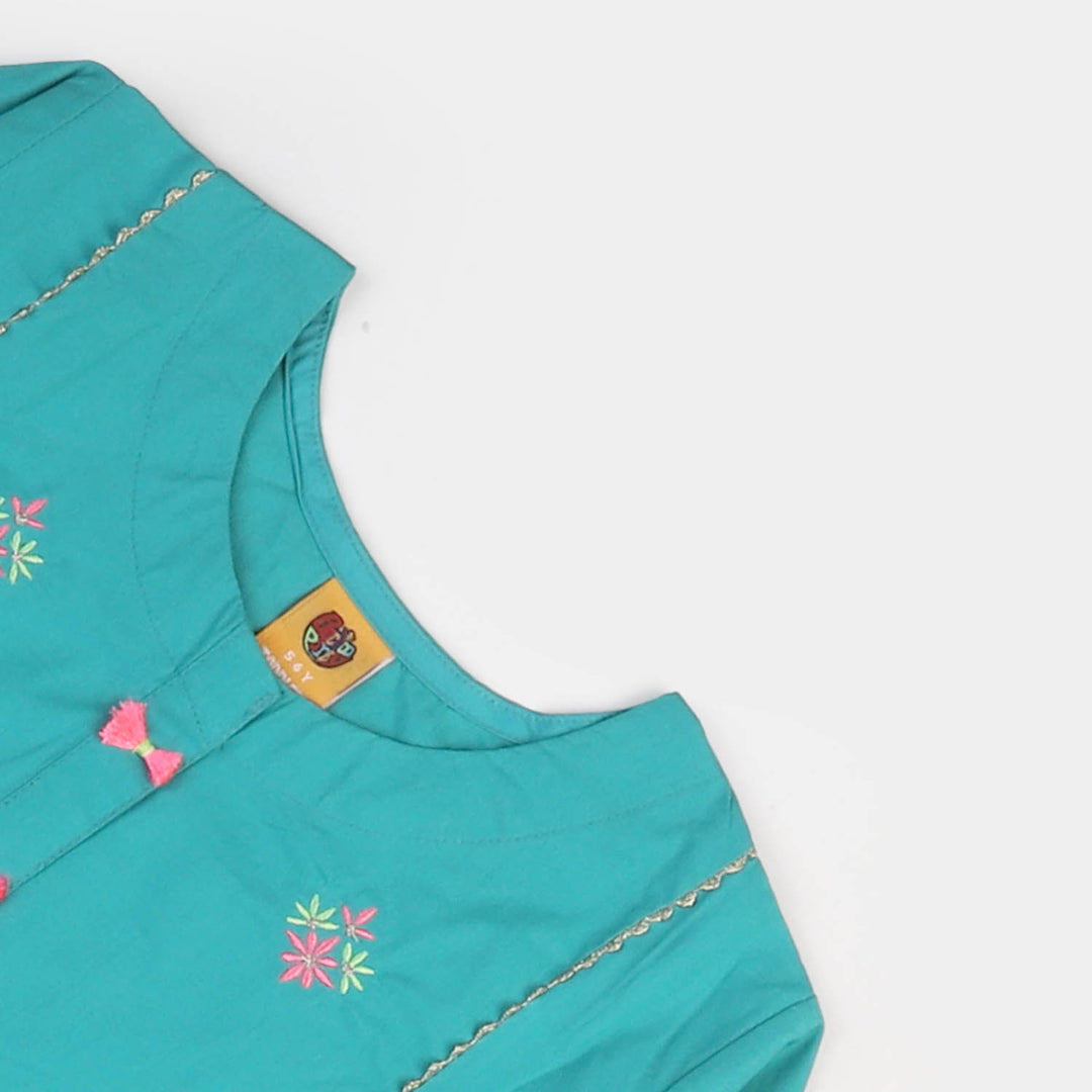 Girls Cotton EMB Kurti Flower Gate - Aqua Green