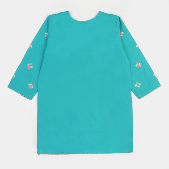 Girls Cotton EMB Kurti Flower Gate - Aqua Green