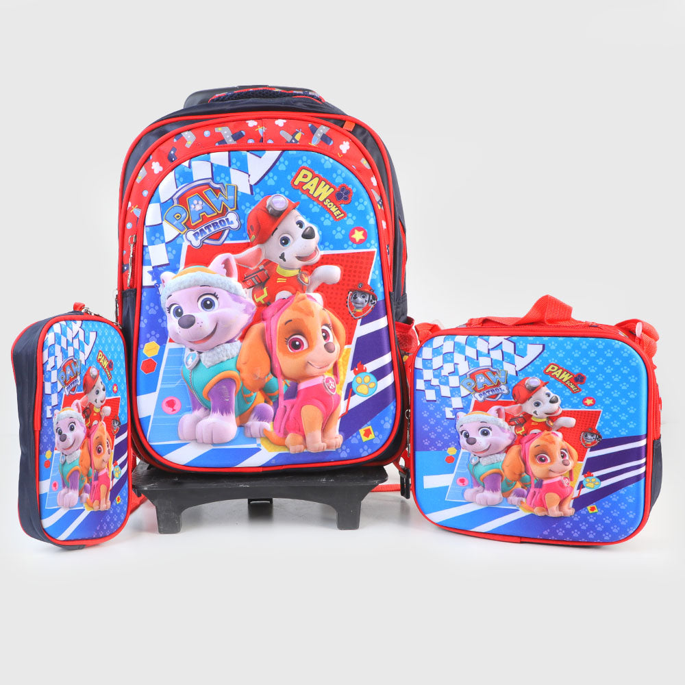 New Style Double Shoulder "Cartoon School Bag With Trolley" 3in1 - Red