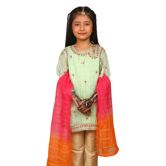 Girls 3Pcs Fancy Nawabi - Green