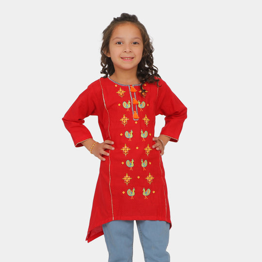 Girls Jacquard Embroidered Kurti Peacock In Garden - Red