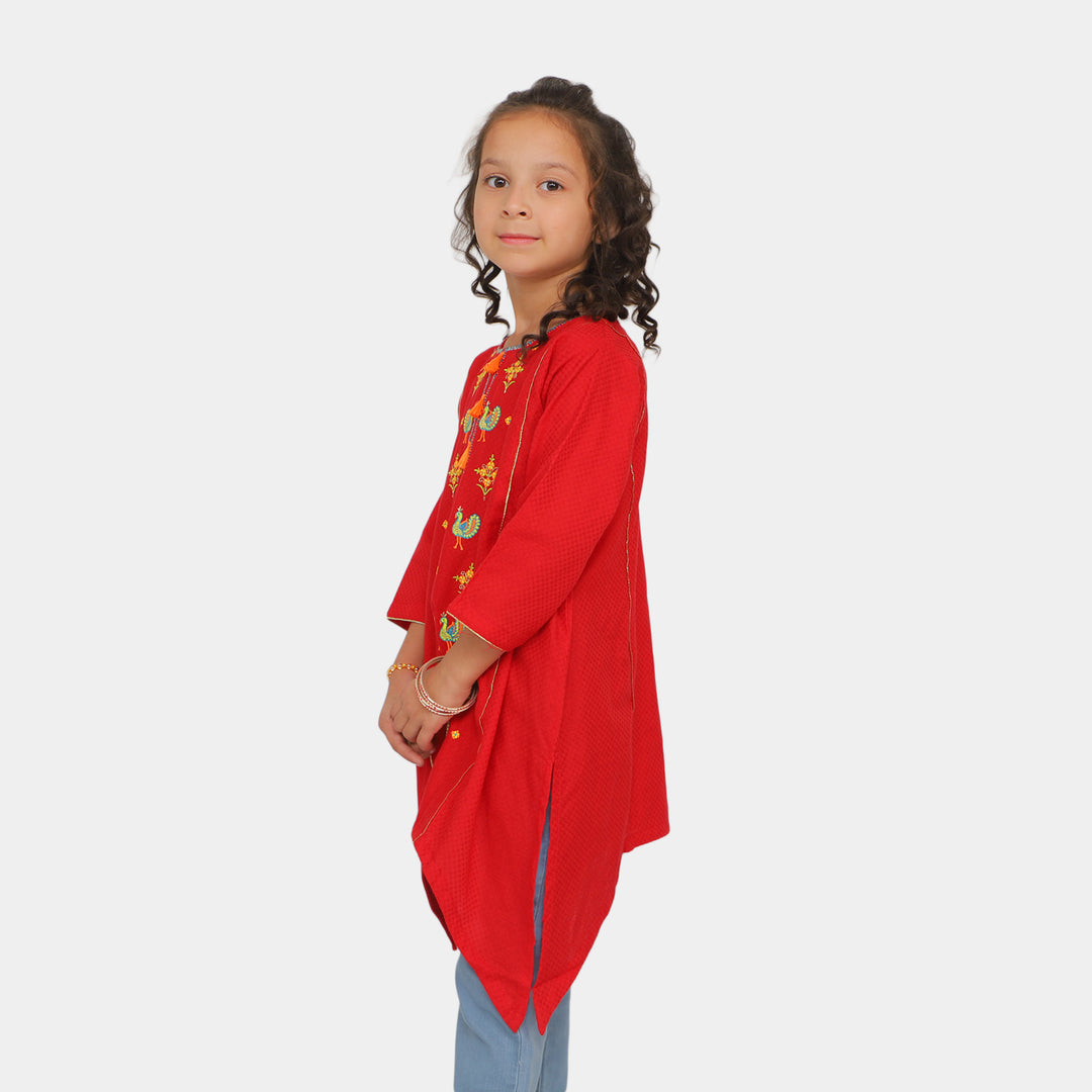 Girls Jacquard Embroidered Kurti Peacock In Garden - Red