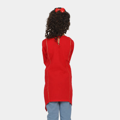 Girls Jacquard Embroidered Kurti Peacock In Garden - Red