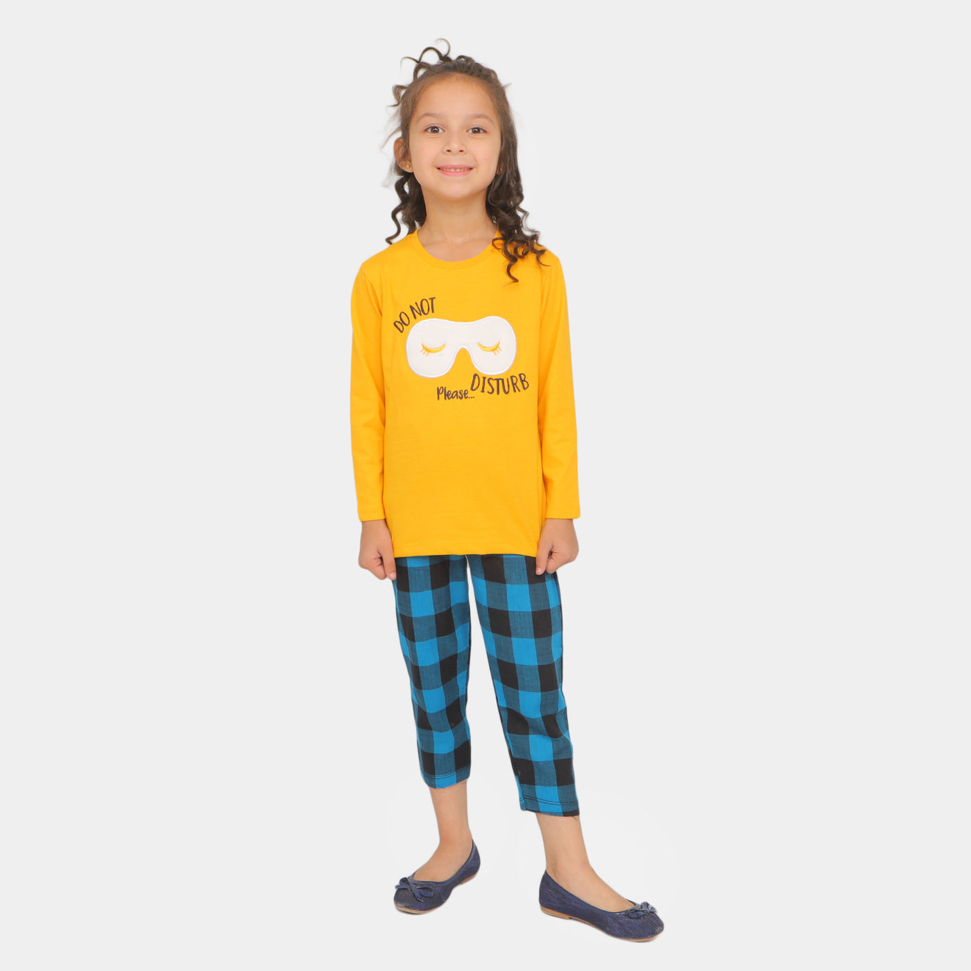 Girls Knitted Night Suit Do Not Disturb - Citrus/Blue Check