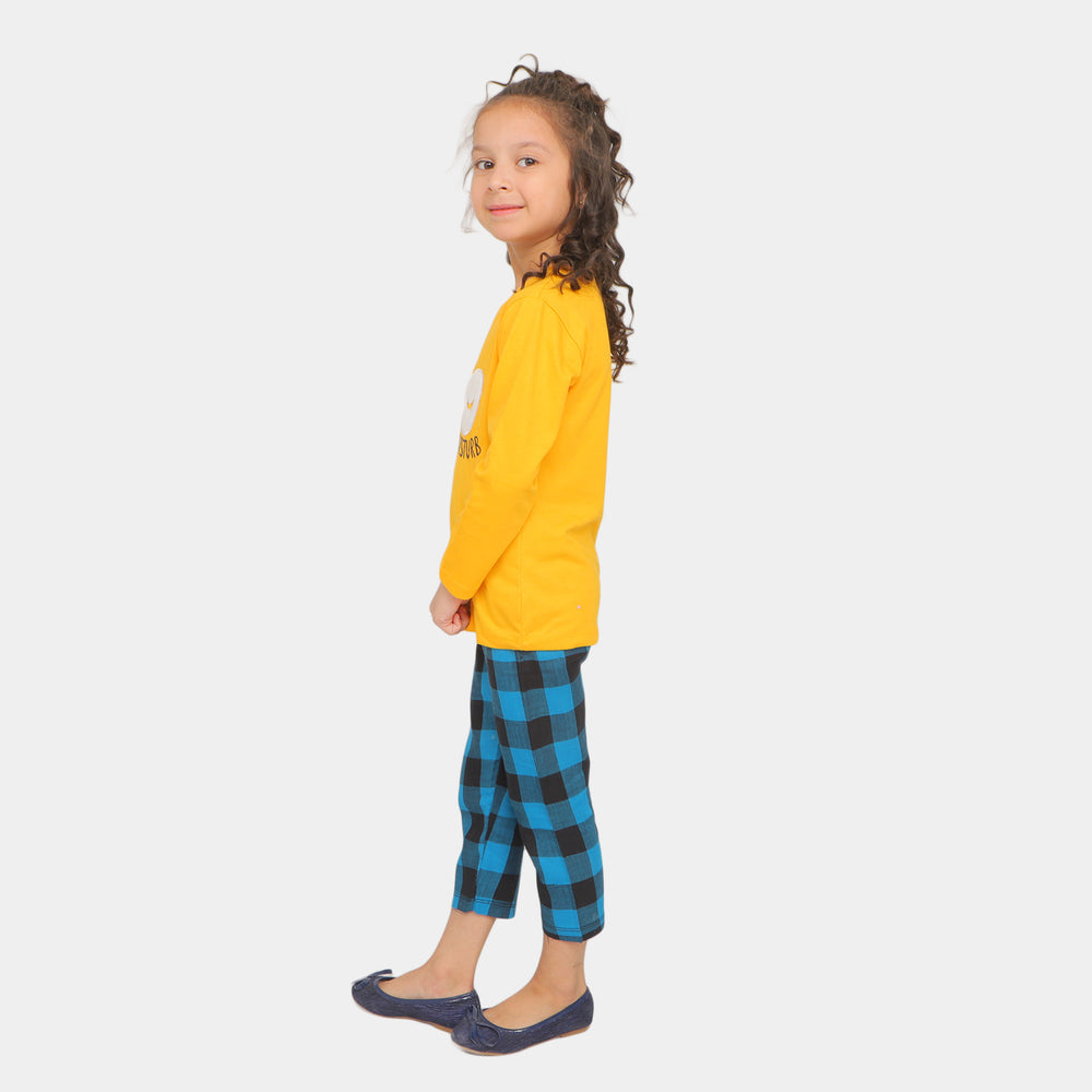 Girls Knitted Night Suit Do Not Disturb - Citrus/Blue Check