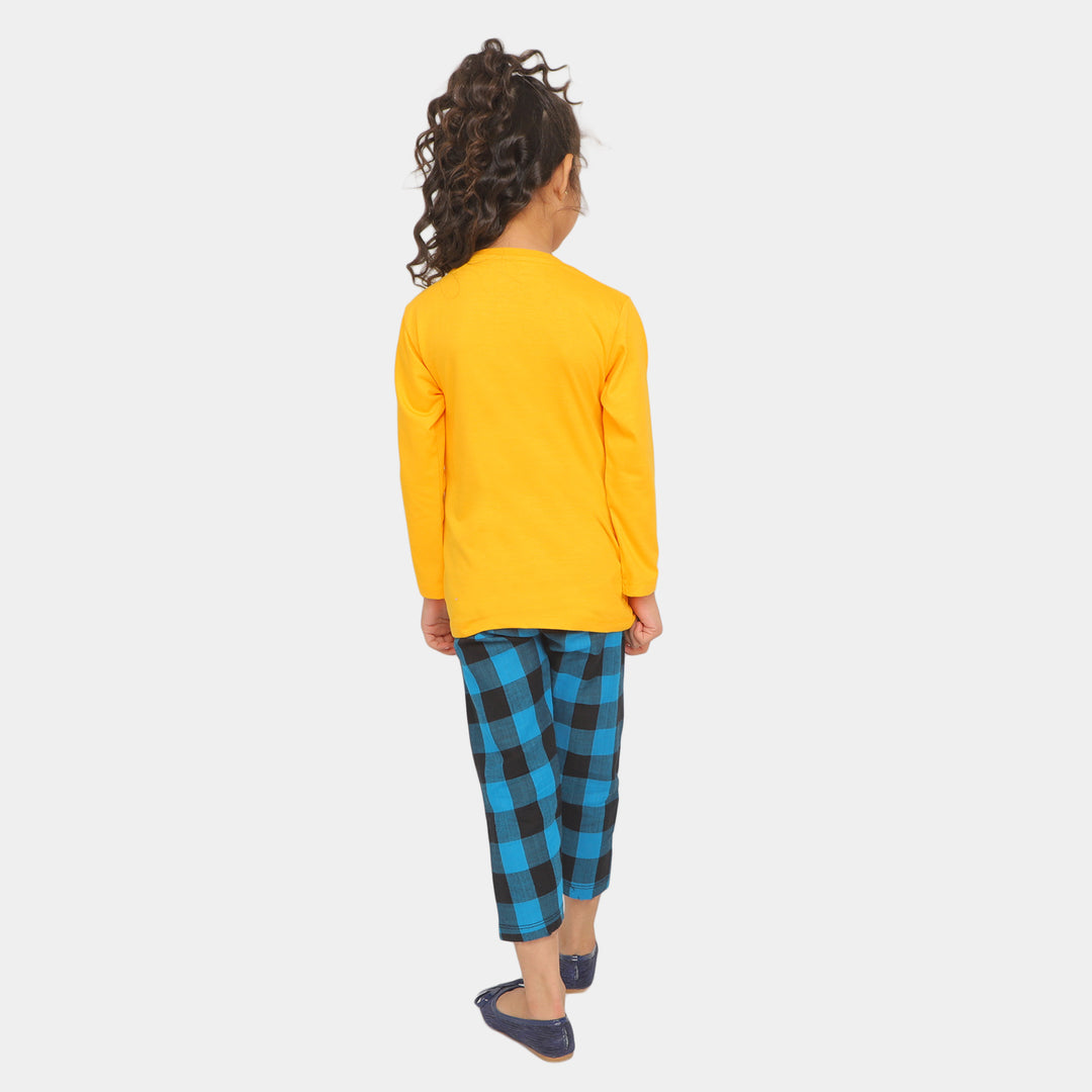 Girls Knitted Night Suit Do Not Disturb - Citrus/Blue Check