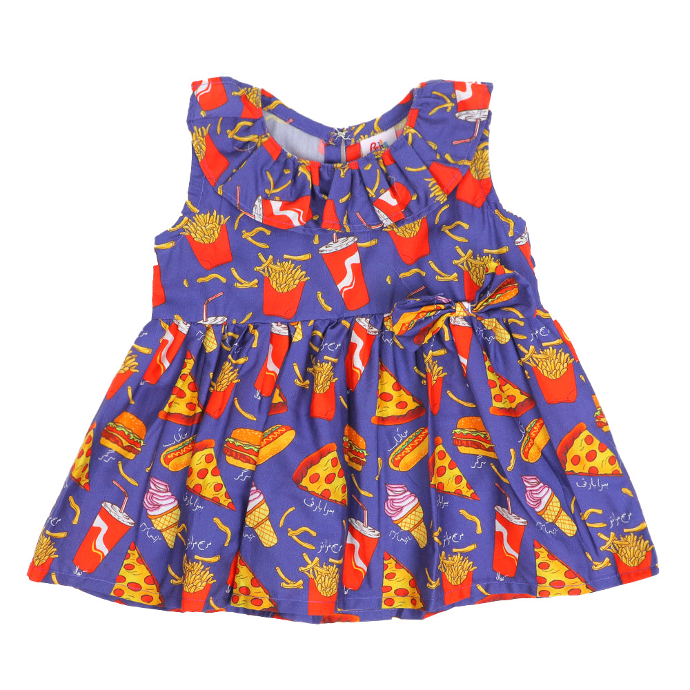 Infants Girls Cotton Frock Burger N Fries - Blue