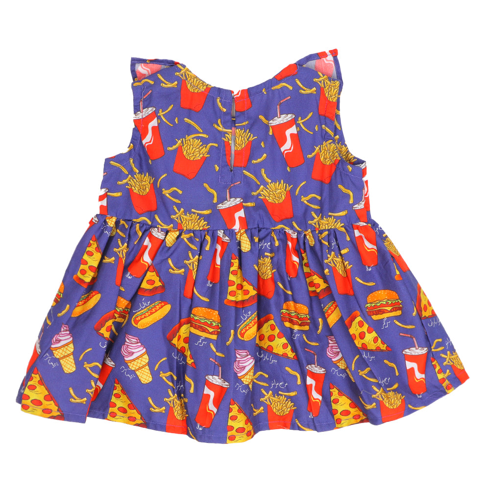 Infants Girls Cotton Frock Burger N Fries - Blue