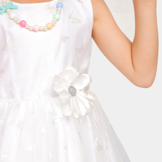 Girls Fancy Frock Aop Butterfly - White