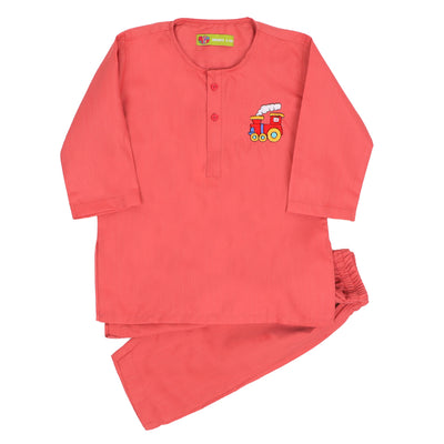 Infants Boys Embroidered Kurta Pajama Train Engine - Crimson
