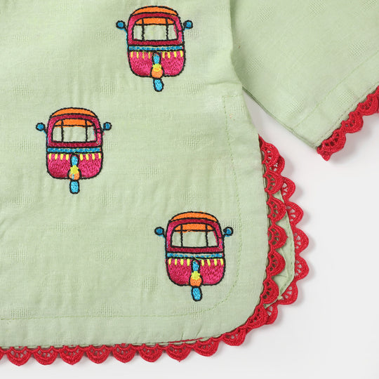 Infant Girls Jacquard Embroidered Kurti Rikshaw Ride - Grape Green