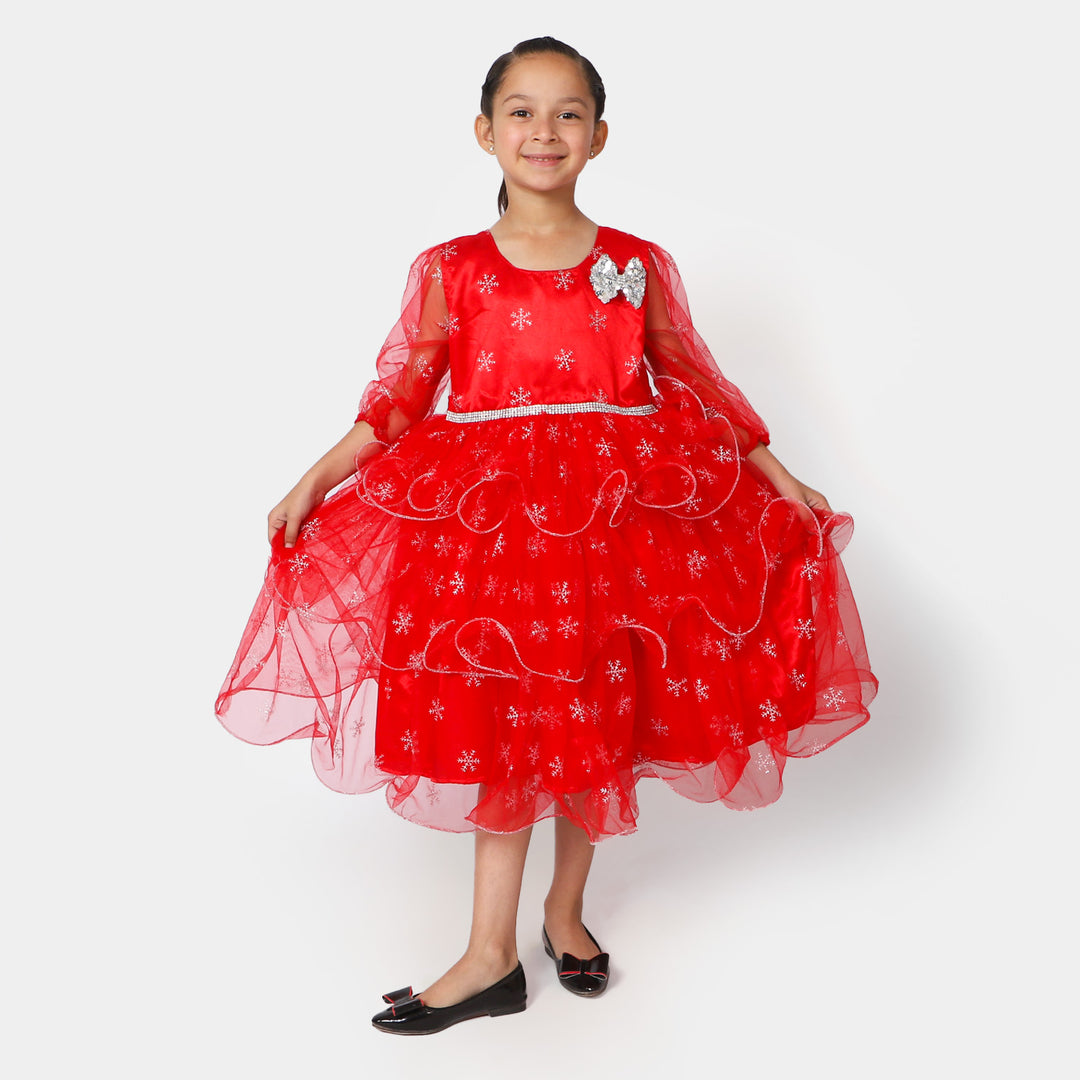 Girls Net Fancy Frock Sparkling - Red