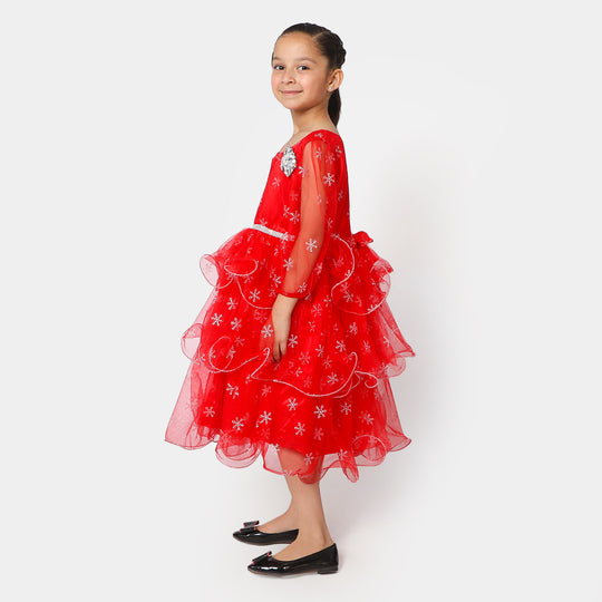 Girls Net Fancy Frock Sparkling - Red