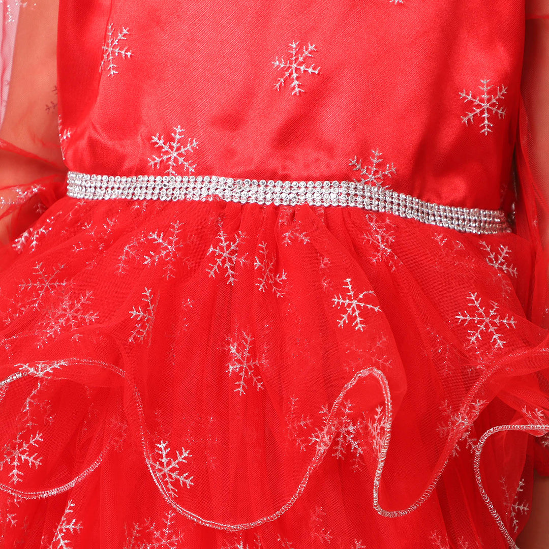 Girls Net Fancy Frock Sparkling - Red