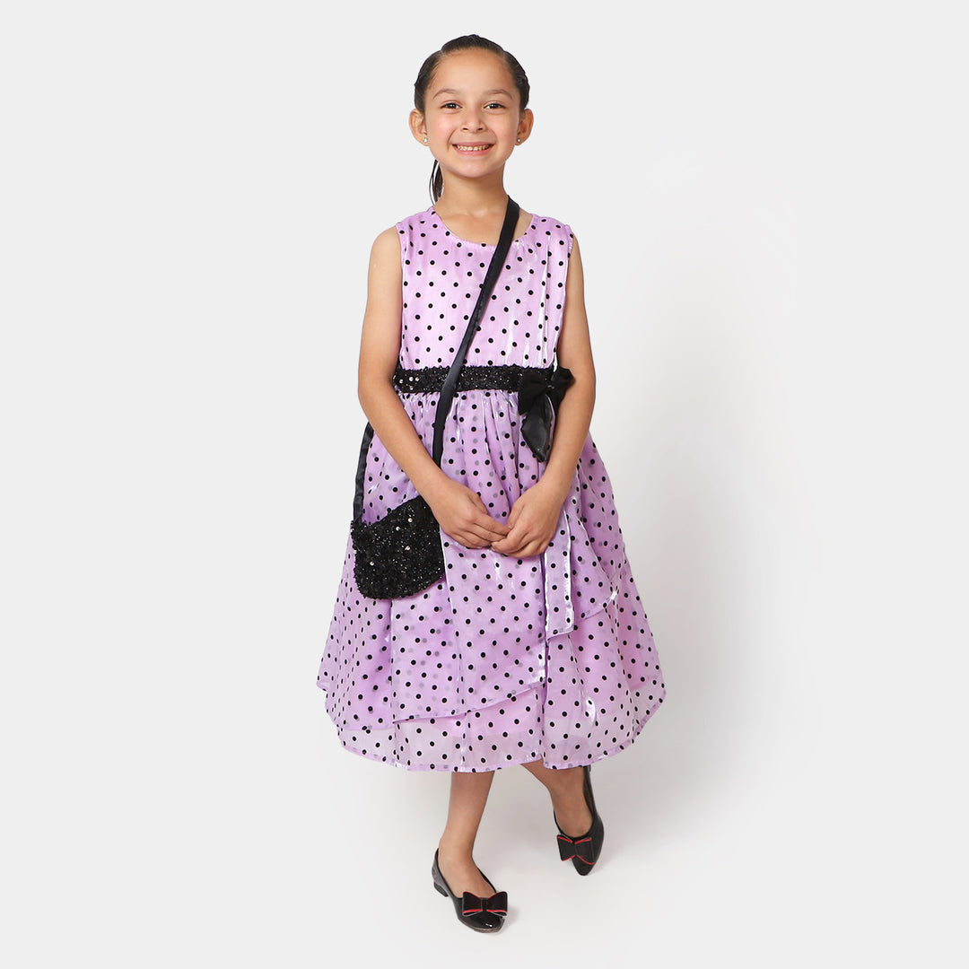 Girls Organza Fancy Frock Polka Dots With Clutch - Purple