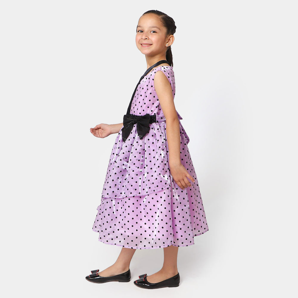 Girls Organza Fancy Frock Polka Dots With Clutch - Purple