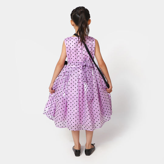 Girls Organza Fancy Frock Polka Dots With Clutch - Purple