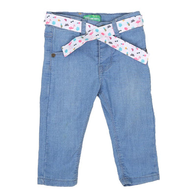 Infant Girls Pant Denim Printed Belt-Ice Blue