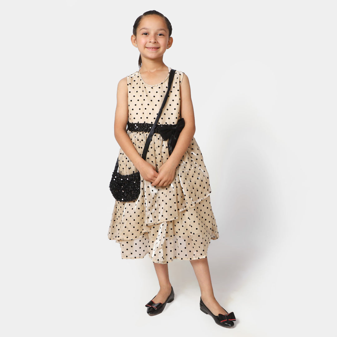 Girls Organza Fancy Frock Polka Dots With Clutch - BEIGE