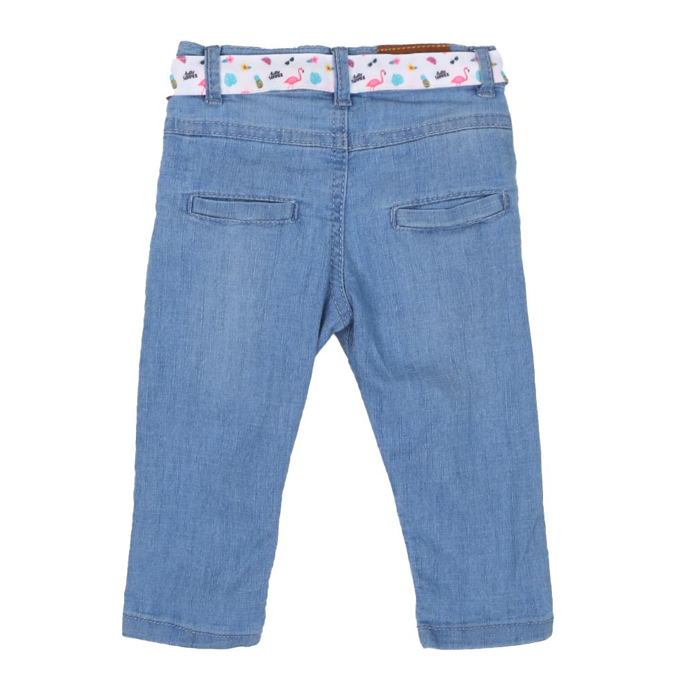 Infant Girls Pant Denim Printed Belt-Ice Blue