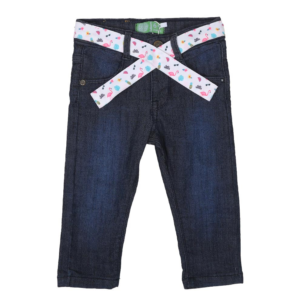 Infants Girls Pant Denim Printed Belt-Navy Blue