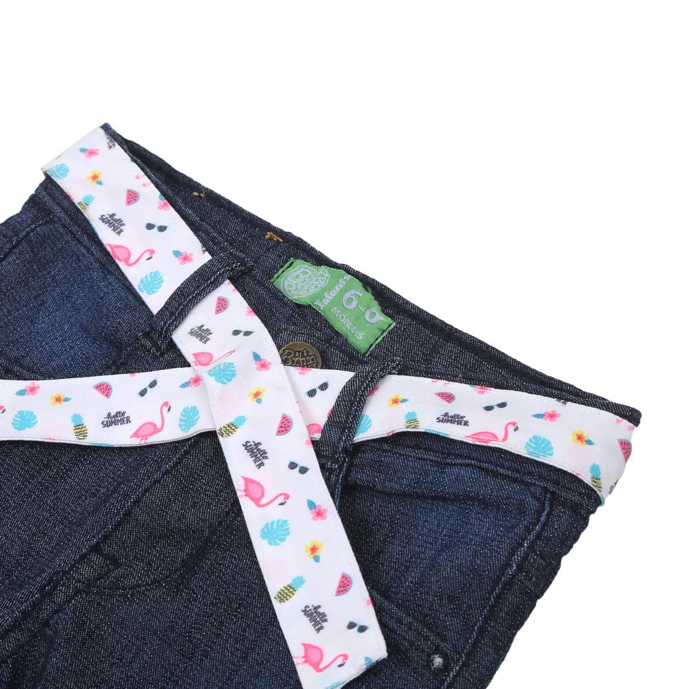 Infants Girls Pant Denim Printed Belt-Navy Blue