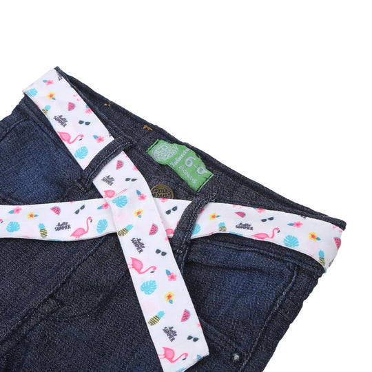 Infants Girls Pant Denim Printed Belt-Navy Blue