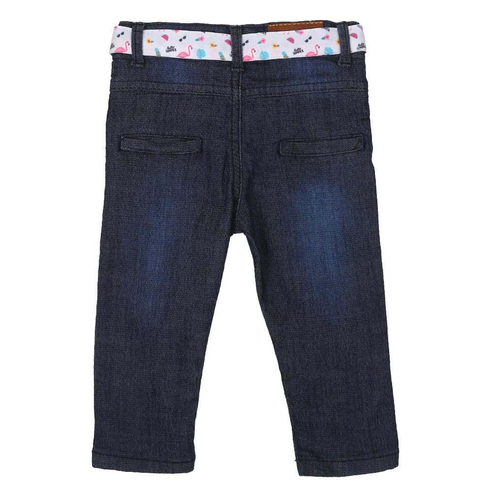 Infants Girls Pant Denim Printed Belt-Navy Blue